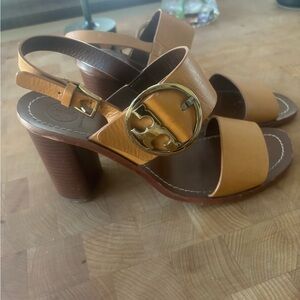 Tory Burch Thames Gold Buckle Tan Heels